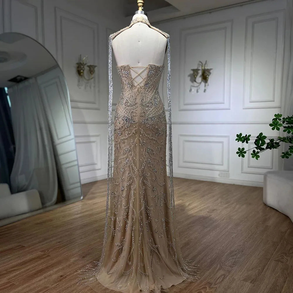 Vestido de noche árabe de lujo con cuentas, sirena, sin tirantes y borlas, LA72237