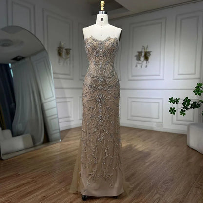 Vestido de noche árabe de lujo con cuentas, sirena, sin tirantes y borlas, LA72237