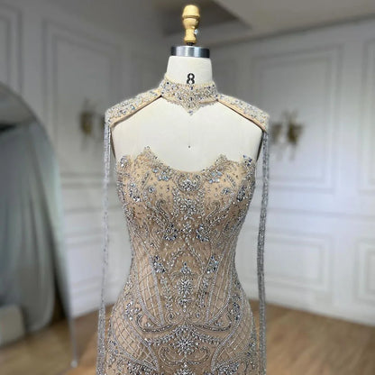 Vestido de noche árabe de lujo con cuentas, sirena, sin tirantes y borlas, LA72237