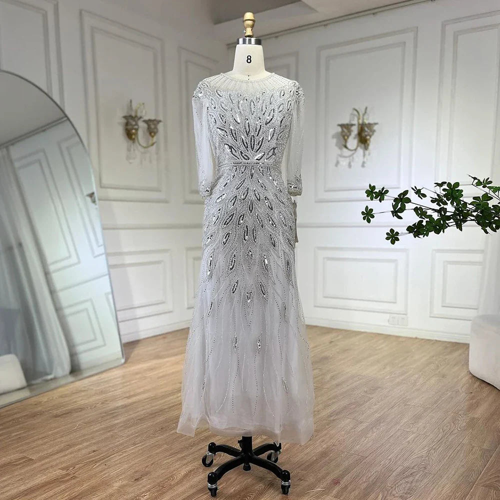 Vestido de noche árabe blanco plateado de lujo con cuentas de Dubái, largo hasta los tobillos, para mujer, fiesta de boda 2025 LA71999S 
