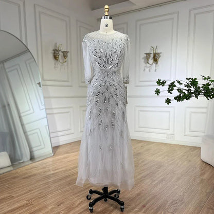 Vestido de noche árabe blanco plateado de lujo con cuentas de Dubái, largo hasta los tobillos, para mujer, fiesta de boda 2025 LA71999S 