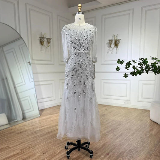 Vestido de noche árabe blanco plateado de lujo con cuentas de Dubái, largo hasta los tobillos, para mujer, fiesta de boda 2025 LA71999S 