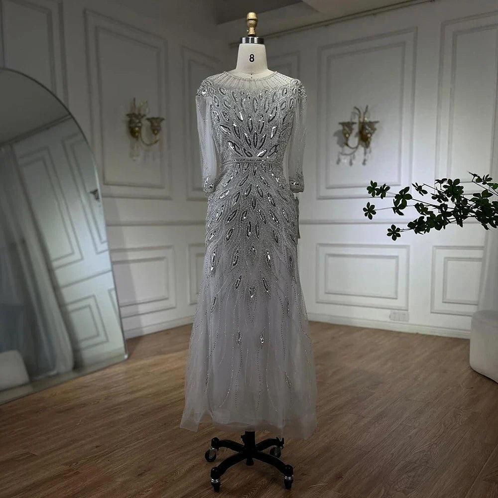 Vestido de noche árabe blanco plateado de lujo con cuentas de Dubái, largo hasta los tobillos, para mujer, fiesta de boda 2025 LA71999S 