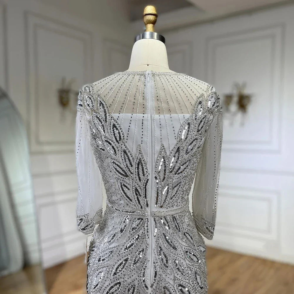 Vestido de noche árabe blanco plateado de lujo con cuentas de Dubái, largo hasta los tobillos, para mujer, fiesta de boda 2025 LA71999S 