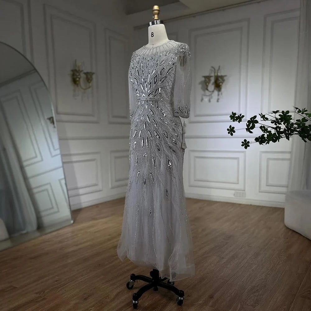 Vestido de noche árabe blanco plateado de lujo con cuentas de Dubái, largo hasta los tobillos, para mujer, fiesta de boda 2025 LA71999S 