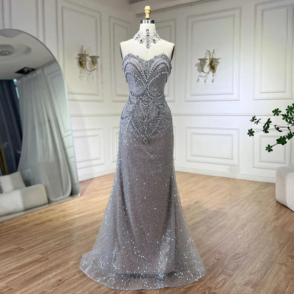 Vestido de noche árabe de sirena sin tirantes, de lujo, con cuentas y perlas de cristal, para mujer, fiesta 2025, LA72432 