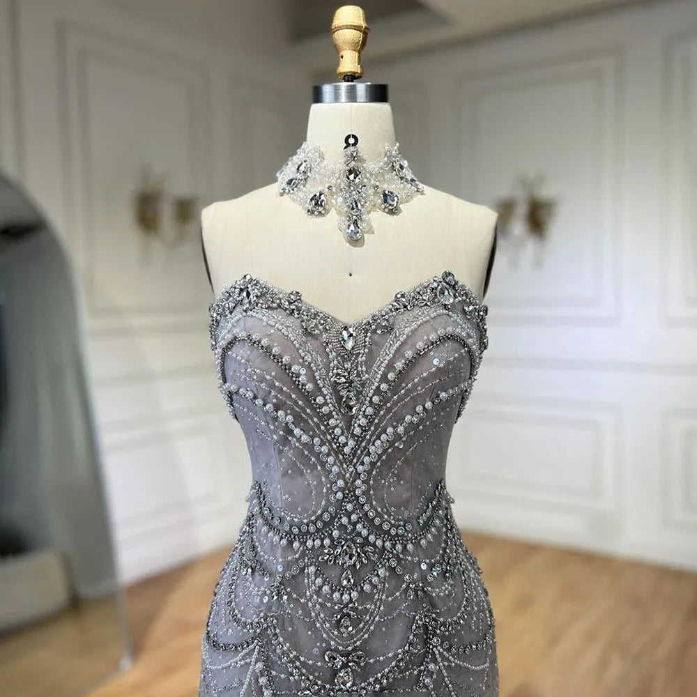 Arabic Sliver Strapless Mermaid Luxury Beaded Pearls Crystal Evening Dresses Gowns for Women Party 2025 LA72432