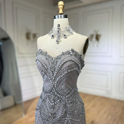 Vestido de noche árabe de sirena sin tirantes, de lujo, con cuentas y perlas de cristal, para mujer, fiesta 2025, LA72432 