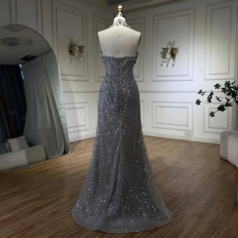 Vestido de noche árabe de sirena sin tirantes, de lujo, con cuentas y perlas de cristal, para mujer, fiesta 2025, LA72432 