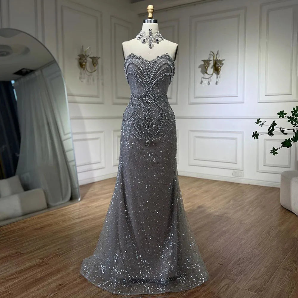 Vestido de noche árabe de sirena sin tirantes, de lujo, con cuentas y perlas de cristal, para mujer, fiesta 2025, LA72432 
