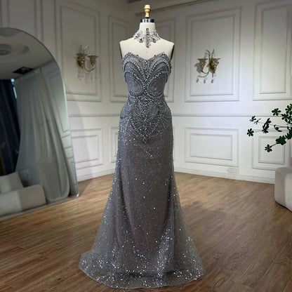 Vestido de noche árabe de sirena sin tirantes, de lujo, con cuentas y perlas de cristal, para mujer, fiesta 2025, LA72432 