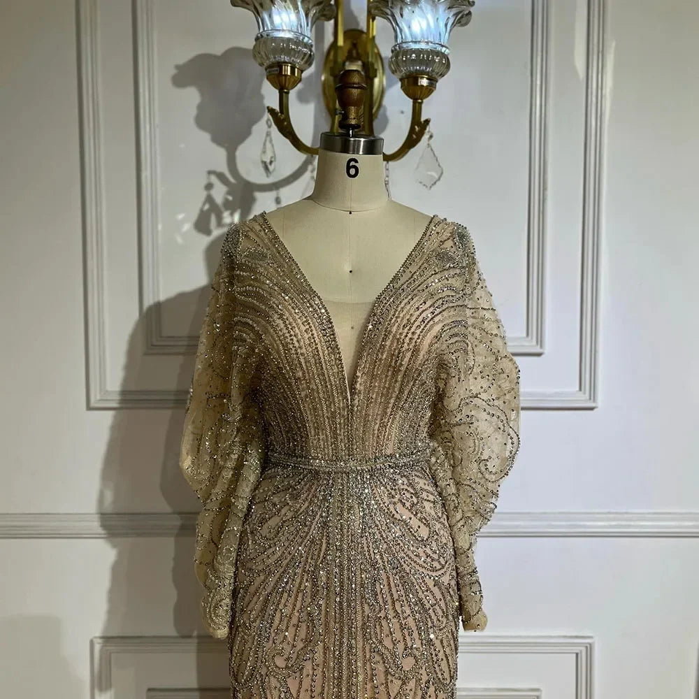 Vestido de noche árabe estilo sirena Tiffany, negro, de lujo, con cuentas y diamantes, para mujer, para boda, fiesta, 2025, LA72288A 