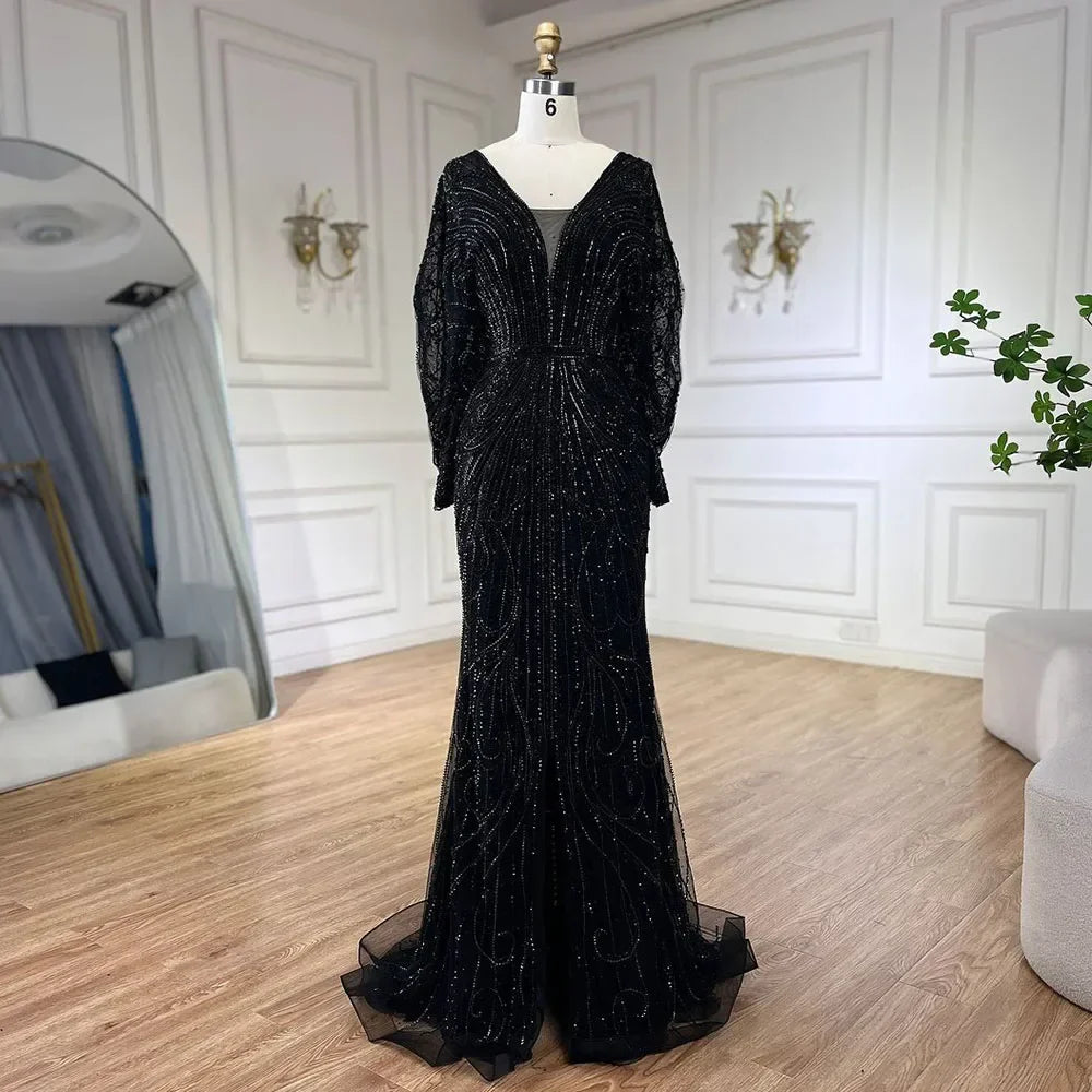 Vestido de noche árabe estilo sirena Tiffany, negro, de lujo, con cuentas y diamantes, para mujer, para boda, fiesta, 2025, LA72288A 