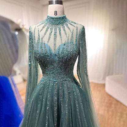 Vestidos de noche árabes turquesas de corte A con cuentas y mangas estilo capa para mujer, para fiesta de bodas 2025 LA72199 