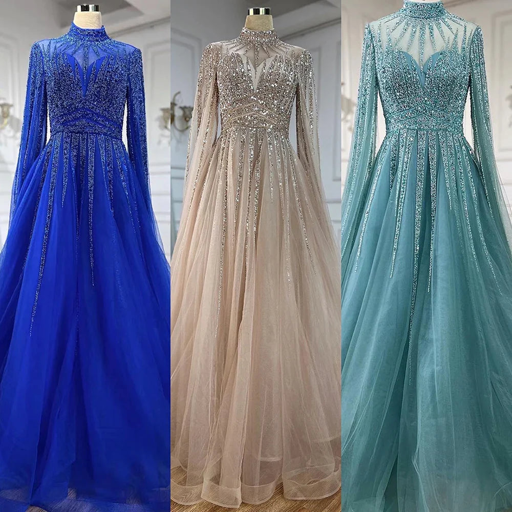 Arabic Turquoise A Line Beaded Dubai Evening Dresses With Cape Sleeves Gowns For Women Wedding Party 2025 LA72199