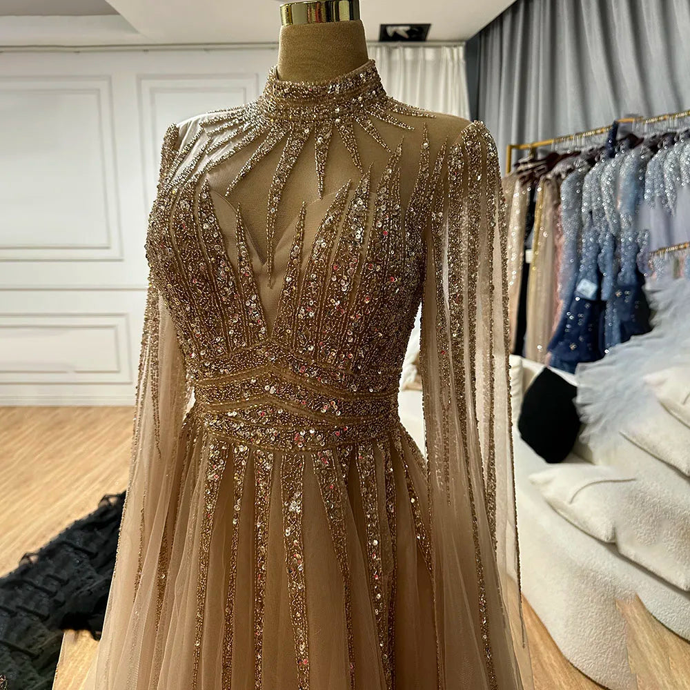 Vestidos de noche árabes turquesas de corte A con cuentas y mangas estilo capa para mujer, para fiesta de bodas 2025 LA72199 