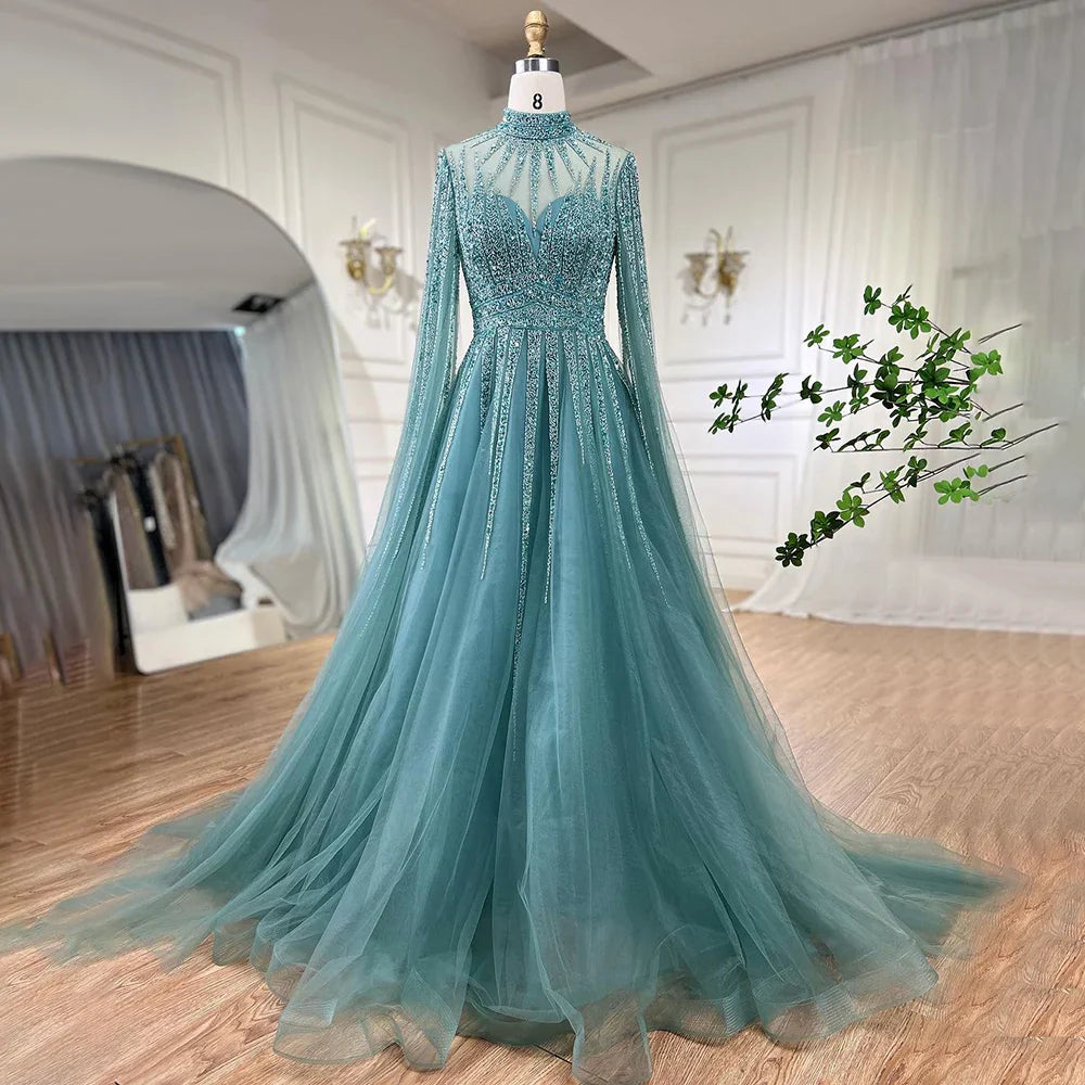 Arabic Turquoise A Line Beaded Dubai Evening Dresses With Cape Sleeves Gowns For Women Wedding Party 2025 LA72199