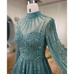 Vestidos de noche árabes turquesas de corte A con cuentas y mangas estilo capa para mujer, para fiesta de bodas 2025 LA72199 