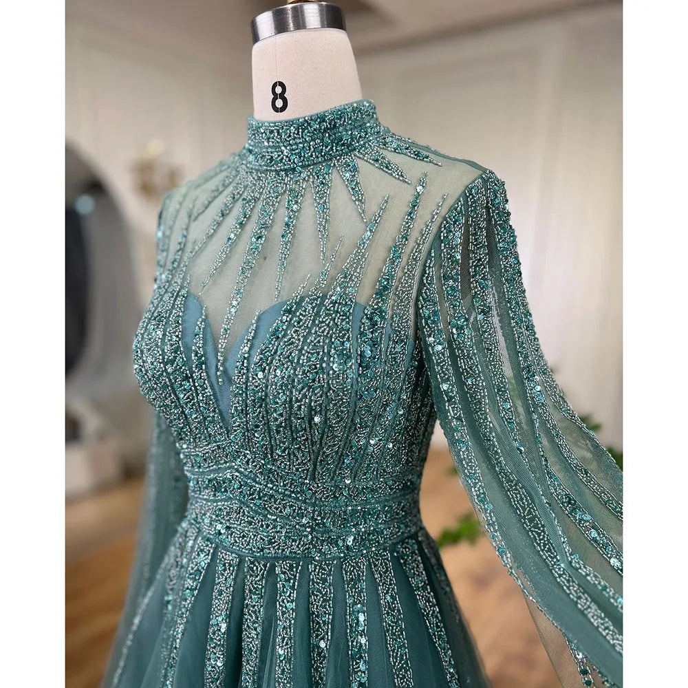Arabic Turquoise A Line Beaded Dubai Evening Dresses With Cape Sleeves Gowns For Women Wedding Party 2025 LA72199