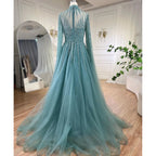 Vestidos de noche árabes turquesas de corte A con cuentas y mangas estilo capa para mujer, para fiesta de bodas 2025 LA72199 