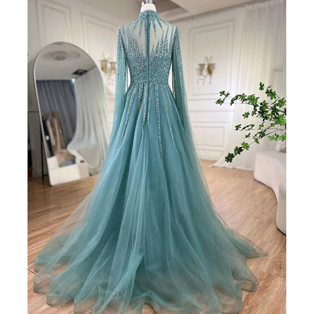 Vestidos de noche árabes turquesas de corte A con cuentas y mangas estilo capa para mujer, para fiesta de bodas 2025 LA72199 