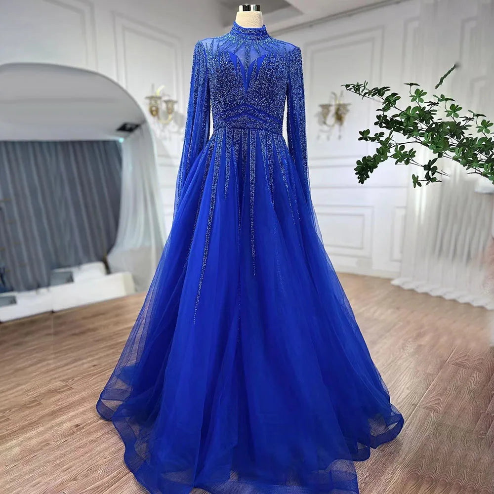 Arabic Turquoise A Line Beaded Dubai Evening Dresses With Cape Sleeves Gowns For Women Wedding Party 2025 LA72199