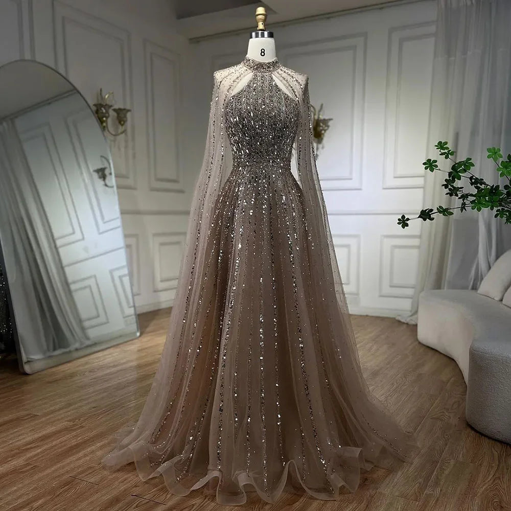 Arabisch Türkis EINE Linie Cape Ärmel Perlen Luxus Dubai Abendkleider Kleider Für Frauen Hochzeit Party 2025 LA72306A 