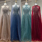 Arabisch Türkis EINE Linie Cape Ärmel Perlen Luxus Dubai Abendkleider Kleider Für Frauen Hochzeit Party 2025 LA72306A 