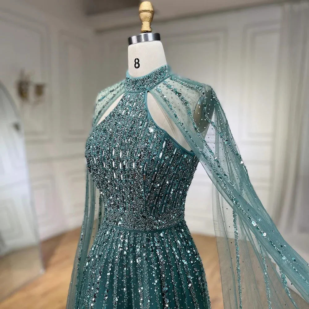 Arabisch Türkis EINE Linie Cape Ärmel Perlen Luxus Dubai Abendkleider Kleider Für Frauen Hochzeit Party 2025 LA72306A 