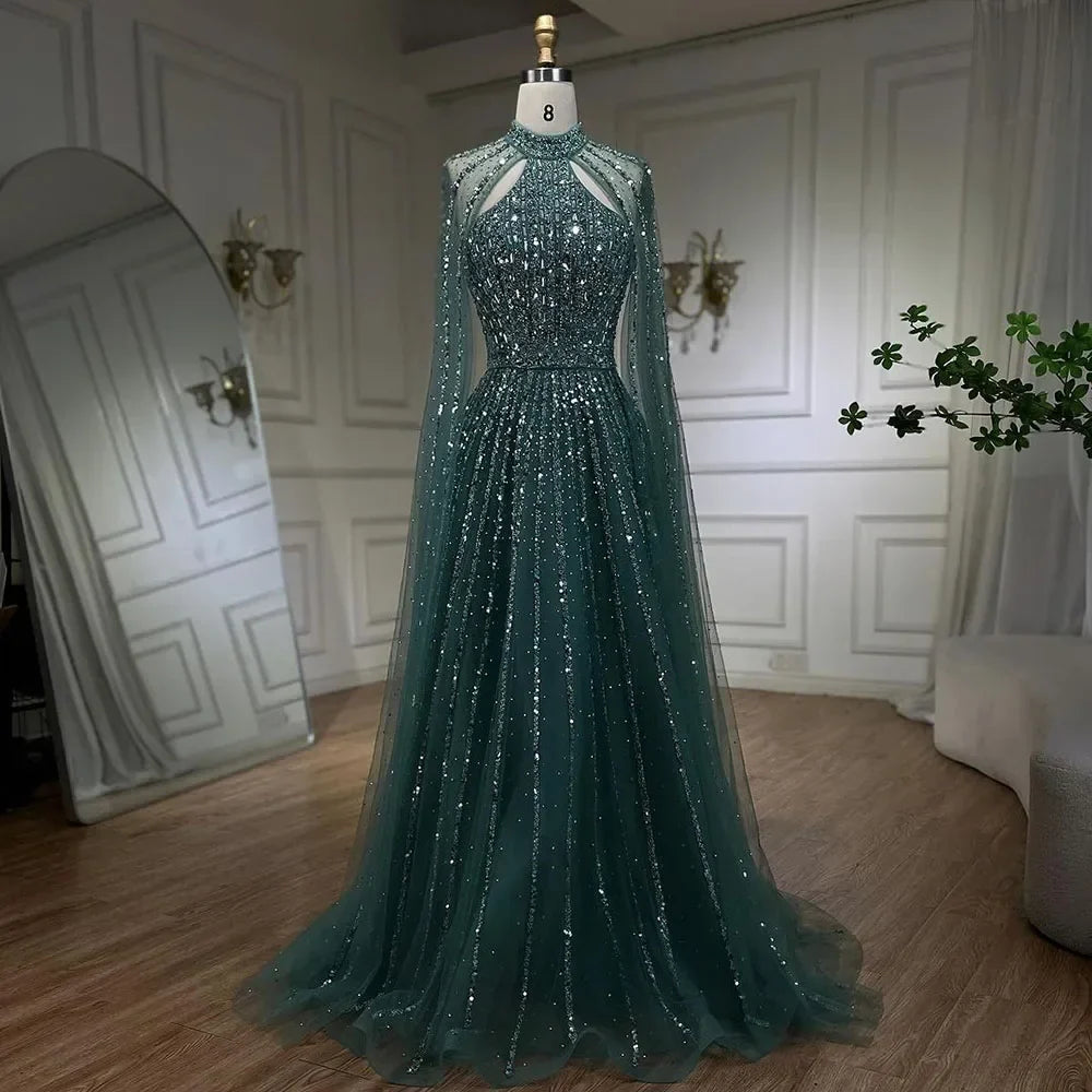 Arabisch Türkis EINE Linie Cape Ärmel Perlen Luxus Dubai Abendkleider Kleider Für Frauen Hochzeit Party 2025 LA72306A 
