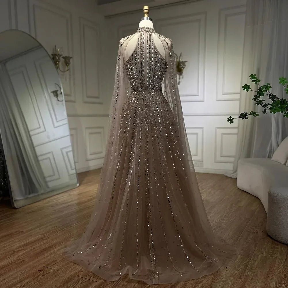 Arabisch Türkis EINE Linie Cape Ärmel Perlen Luxus Dubai Abendkleider Kleider Für Frauen Hochzeit Party 2025 LA72306A 