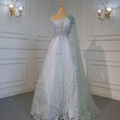 Vestido de noche árabe turquesa, corte A, sexy, de un solo hombro, con mangas tipo capa, de lujo, con cuentas, para mujer, fiesta, LA71741, 2025