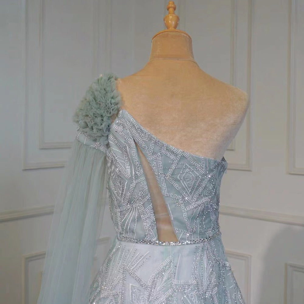 Vestido de noche árabe turquesa, corte A, sexy, de un solo hombro, con mangas tipo capa, de lujo, con cuentas, para mujer, fiesta, LA71741, 2025