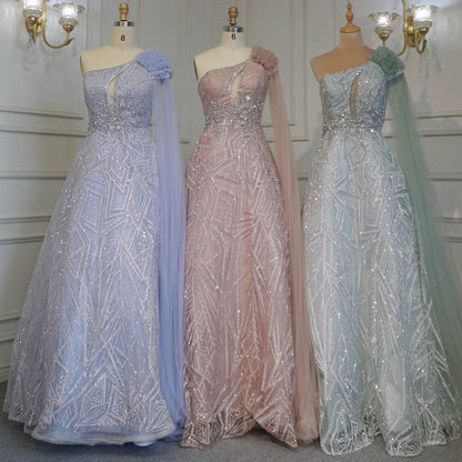 Vestido de noche árabe turquesa, corte A, sexy, de un solo hombro, con mangas tipo capa, de lujo, con cuentas, para mujer, fiesta, LA71741, 2025
