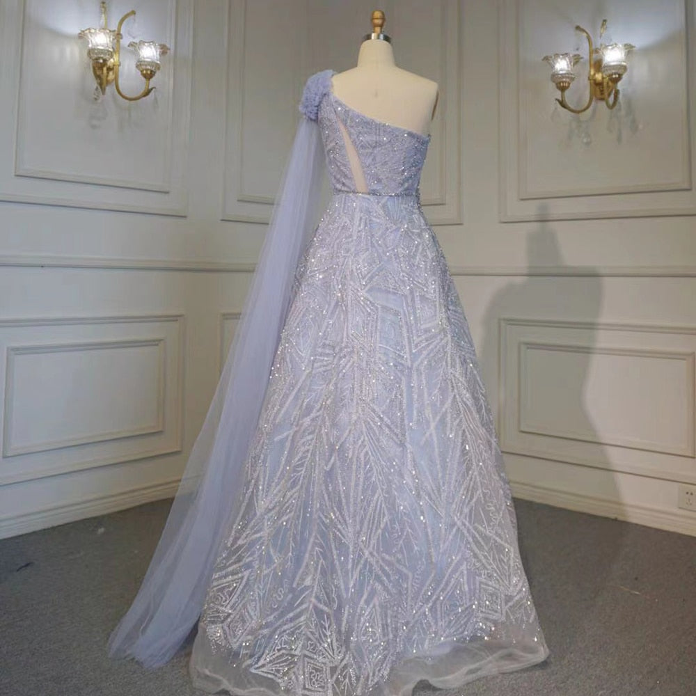 Vestido de noche árabe turquesa, corte A, sexy, de un solo hombro, con mangas tipo capa, de lujo, con cuentas, para mujer, fiesta, LA71741, 2025