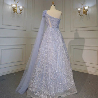 Vestido de noche árabe turquesa, corte A, sexy, de un solo hombro, con mangas tipo capa, de lujo, con cuentas, para mujer, fiesta, LA71741, 2025
