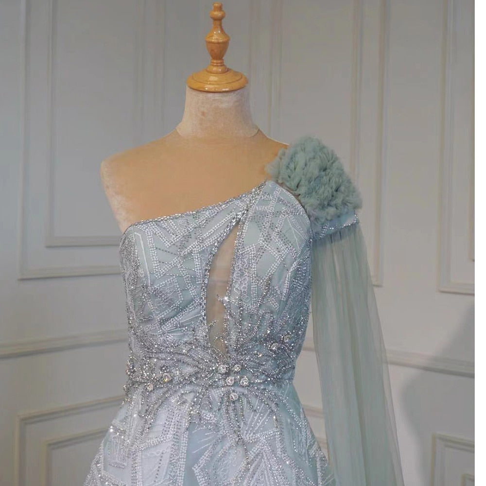 Vestido de noche árabe turquesa, corte A, sexy, de un solo hombro, con mangas tipo capa, de lujo, con cuentas, para mujer, fiesta, LA71741, 2025