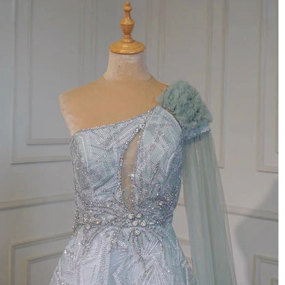 Vestido de noche árabe turquesa, corte A, sexy, de un solo hombro, con mangas tipo capa, de lujo, con cuentas, para mujer, fiesta, LA71741, 2025