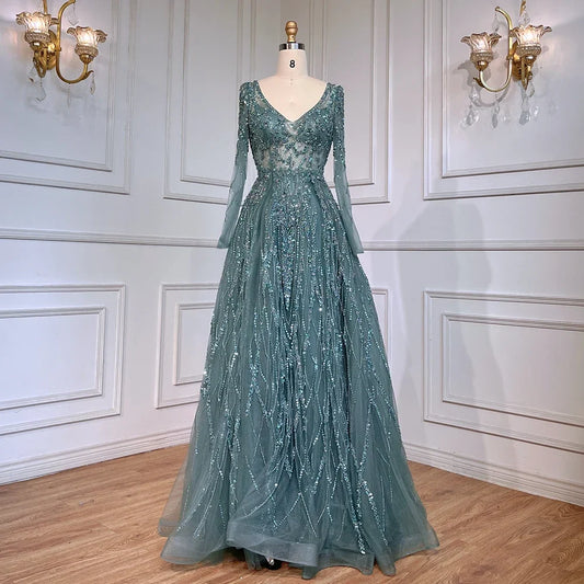 Vestido de noche árabe turquesa con escote en forma de A, mangas largas y cuentas, para mujer, fiesta 2025 LA71793 