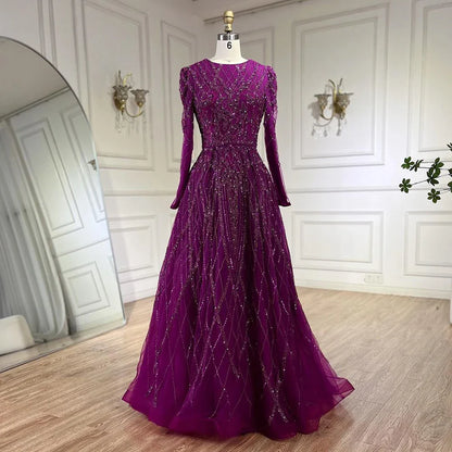 Vestido de noche árabe turquesa con escote en forma de A, mangas largas y cuentas, para mujer, fiesta 2025 LA71793 