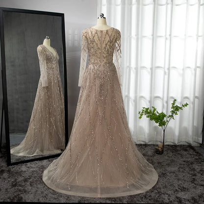 Vestido de noche árabe turquesa con escote en forma de A, mangas largas y cuentas, para mujer, fiesta 2025 LA71793 