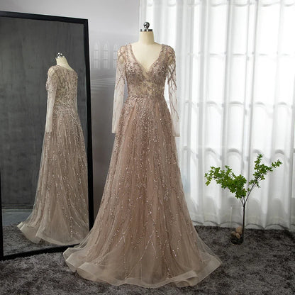 Vestido de noche árabe turquesa con escote en forma de A, mangas largas y cuentas, para mujer, fiesta 2025 LA71793 