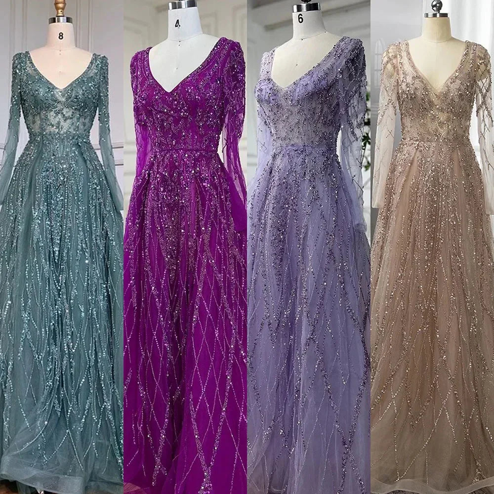 Vestido de noche árabe turquesa con escote en forma de A, mangas largas y cuentas, para mujer, fiesta 2025 LA71793 