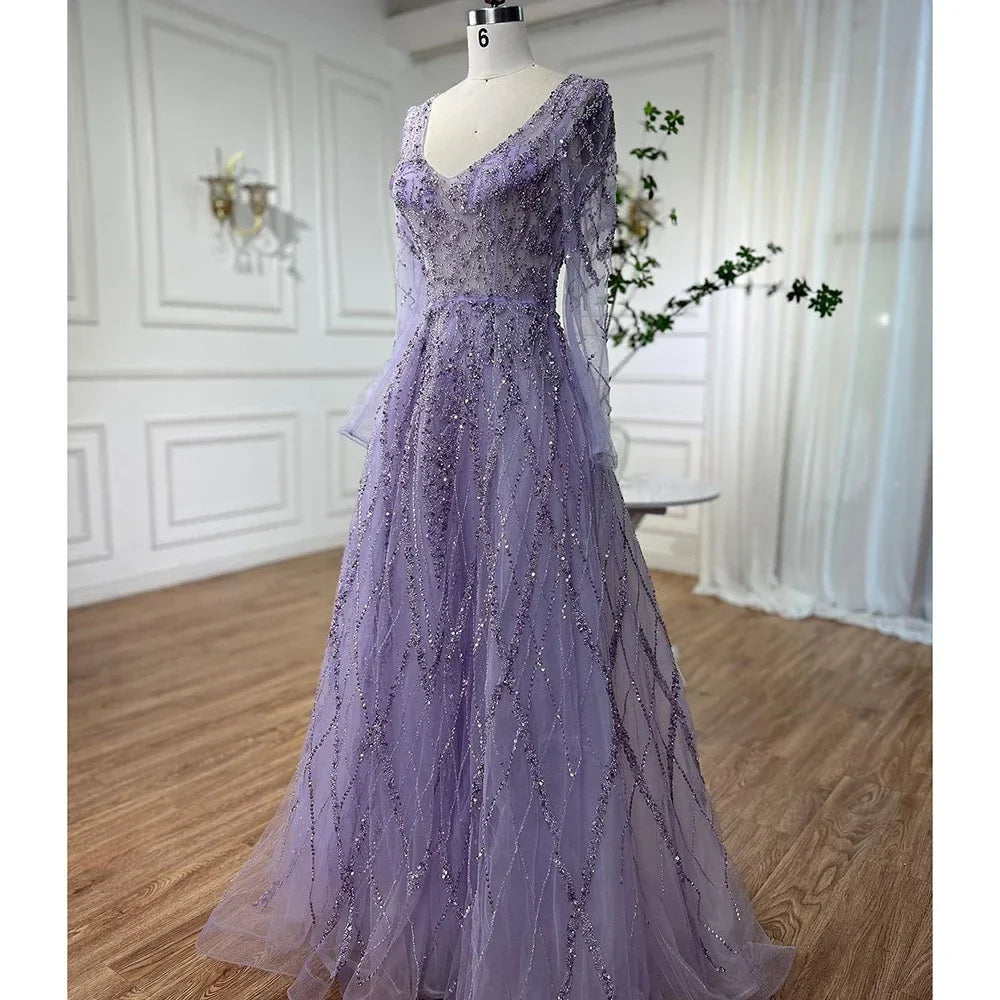 Vestido de noche árabe turquesa con escote en forma de A, mangas largas y cuentas, para mujer, fiesta 2025 LA71793 
