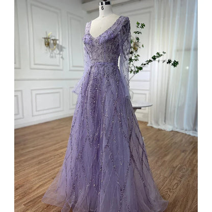 Vestido de noche árabe turquesa con escote en forma de A, mangas largas y cuentas, para mujer, fiesta 2025 LA71793 