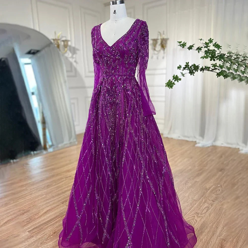 Vestido de noche árabe turquesa con escote en forma de A, mangas largas y cuentas, para mujer, fiesta 2025 LA71793 