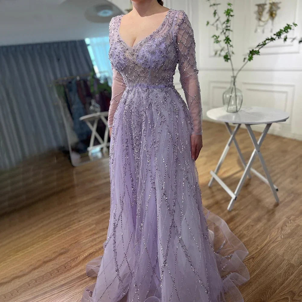 Vestido de noche árabe turquesa con escote en forma de A, mangas largas y cuentas, para mujer, fiesta 2025 LA71793 