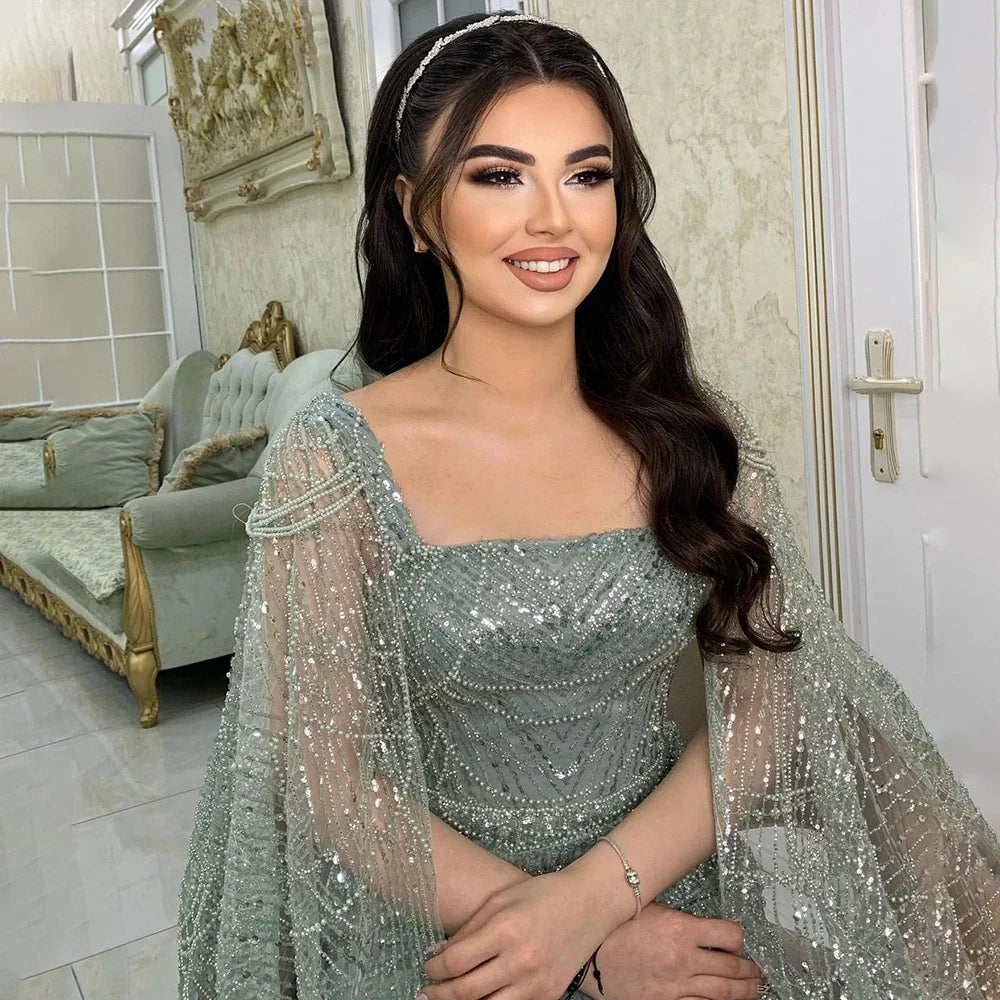 Arabic Turquoise Cape Sleeves Beaded Pearls and Floor Length Evening Gown Party Dress for Women 2025 LA72590