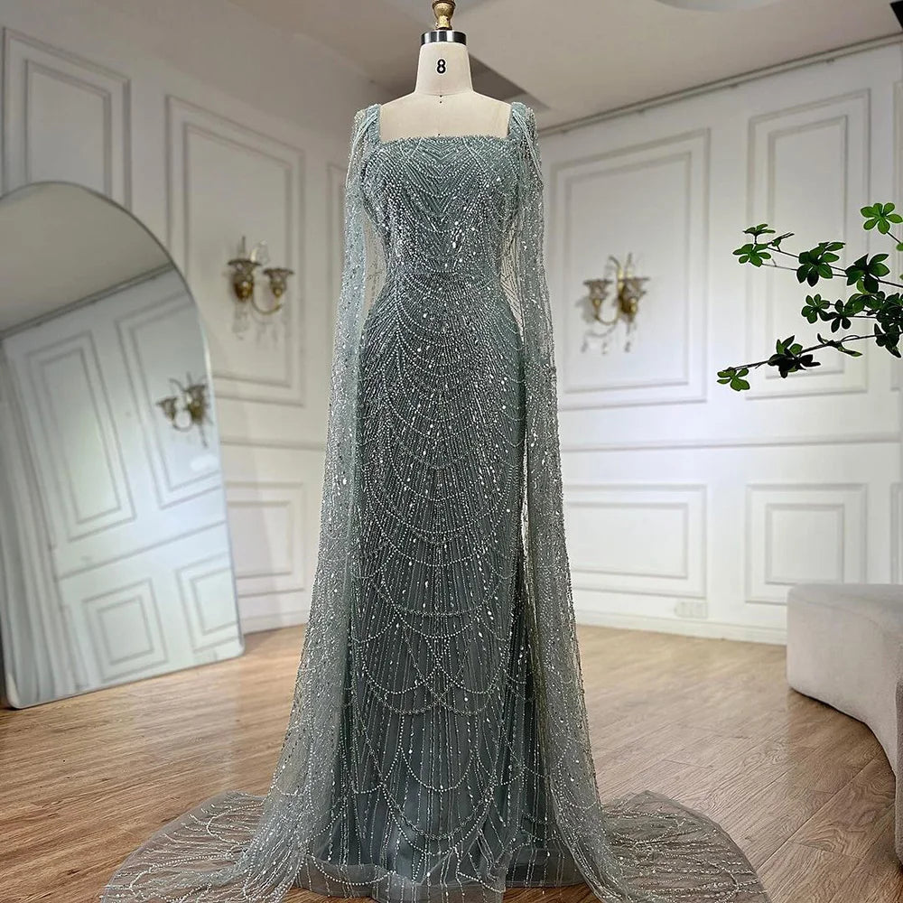 Arabisches, türkisfarbenes Abendkleid mit Perlenbesatz und bodenlangem Cape-Ärmeln für Frauen 2025 LA72590 