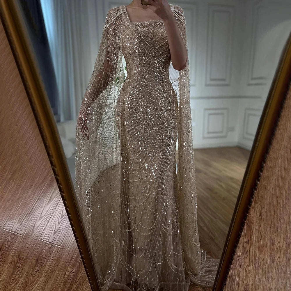 Arabisches, türkisfarbenes Abendkleid mit Perlenbesatz und bodenlangem Cape-Ärmeln für Frauen 2025 LA72590 